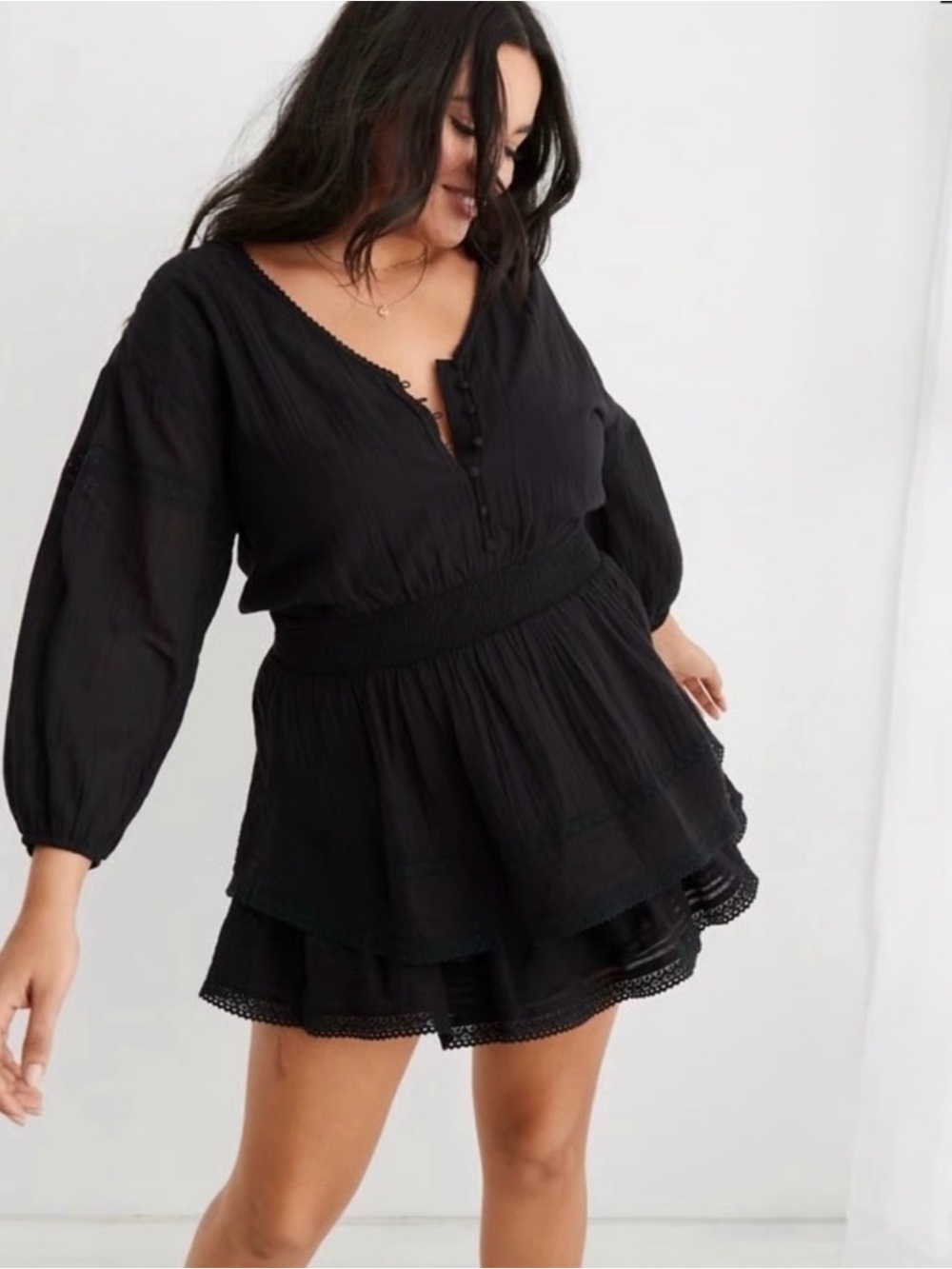 aerie Black V-Neck Tiered Mini Dress NWT